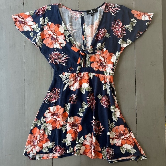 Lulus Botanic of Time Navy Blue Floral Print Tie Front Skater Mini‎ Dress - Picture 8 of 13